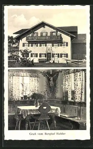 AK Rossmoos-Weissensee b. Füssen, Innen- und Aussensicht Gasthaus Berghof Sichler