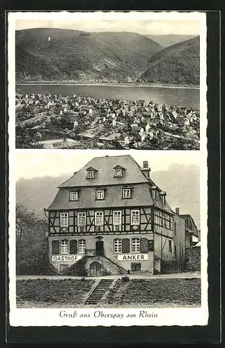 AK Oberspay am Rhein, Gasthof Anker, Ortsansicht