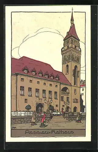 Steindruck-AK Passau, Blick auf Rathaus