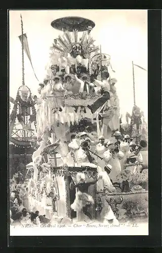AK Nice, Carnaval 1906, Char Boum Servez chaud, Umzugswagen zu Fasching