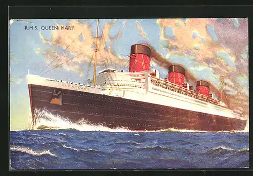 Künstler-AK Passagierschiff RMS Queen Mary bei voller Fahrt