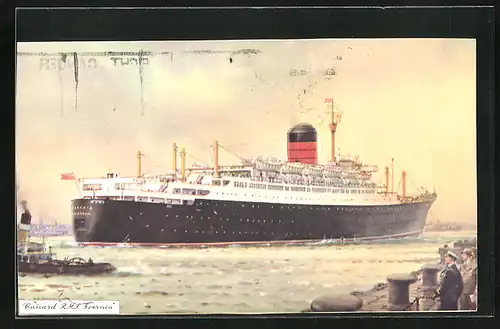 Künstler-AK Passagierschiff Cunard RMS Ivernia verlässt den Hafen