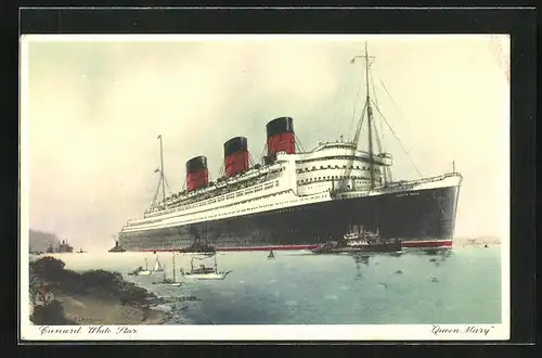 Künstler-AK Passagierschiff Queen Mary mit Beiboot, Cunard White Star