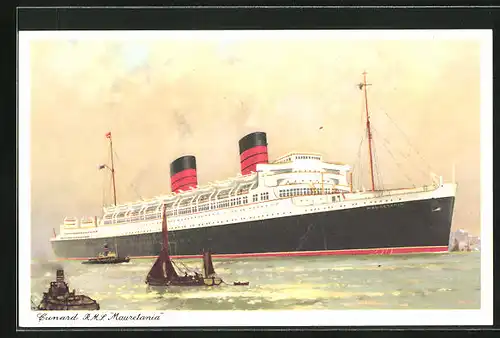 Künstler-AK Cunard RMS Mauretania mit kleinen Booten, Passagierschiff
