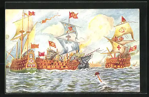 Künstler-AK Segelschiff Revenge, The Last Fight 1591