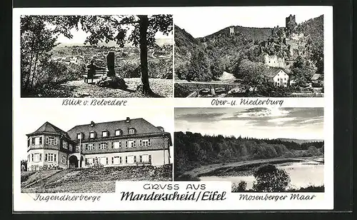 AK Manderscheid /Eifel, Jugendherberge, Mosenberger Maar, Ober- u. Niederburg