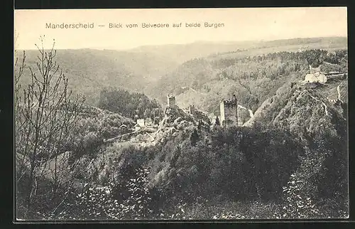 AK Manderscheid, Blick vom Belvedere auf beide Burgen