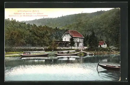 AK Gemünd /Eifel, Waldhotel am Anfang des Sees mit Abfahrtstelle für die Motorboote