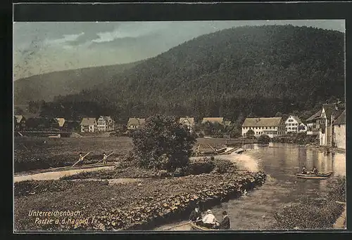 AK Unterreichenbach, Partie an der Nagold mit Booten und Häusern