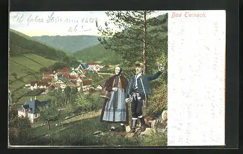 AK Bad Teinach, Abbildung eines Paares in Trachten mit Ortschaft
