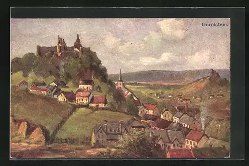 Künstler-AK Gerolstein, Ortsansicht samt Burg und Landschaft