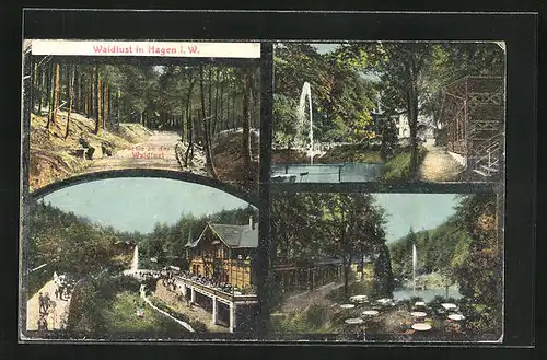AK Hagen i. W., Partie an der Waldlust mit Gasthaus und Wasserquelle