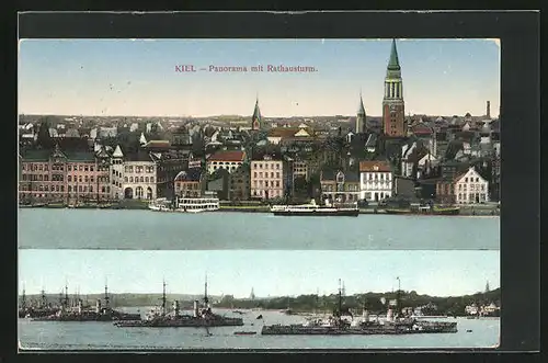 AK Kiel, Panorama mit Rathausturm und Dampfer