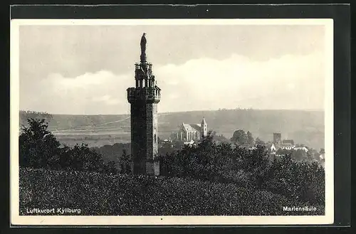 AK Kyllburg, Mariensäule mit Luftkurort in der Ferne