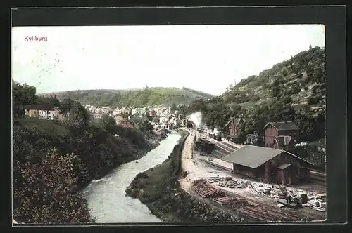 AK Kyllburg, Ortsansicht mit Fluss und Eisenbahnschienen