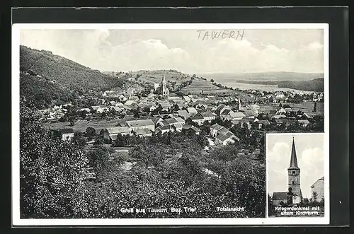 AK Tawern, Totalansicht des Ortes, mit Kriegerdenkmal und altem Kirchturm