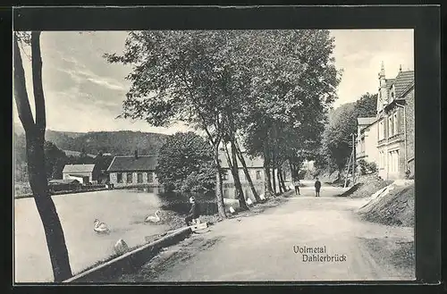 AK Volmetal-Dahlerbrück, Strasse durch Ort, Kind am See mit Schwänen