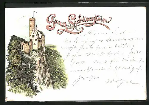 Lithographie Lichtenstein, Blick auf Burg an Klippe