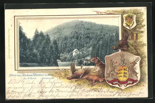 Passepartout-Lithographie Hirsau, Hotel Waldlust, Wappen, Jagdhund mit Beute