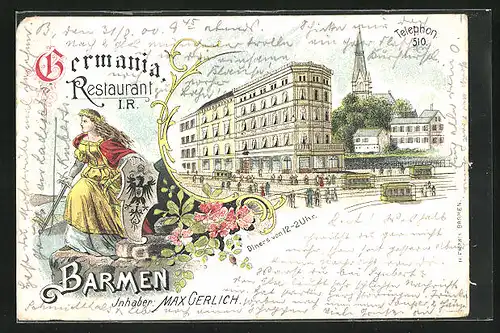 Lithographie Barmen, Restaurant Germania, Strassenbahn