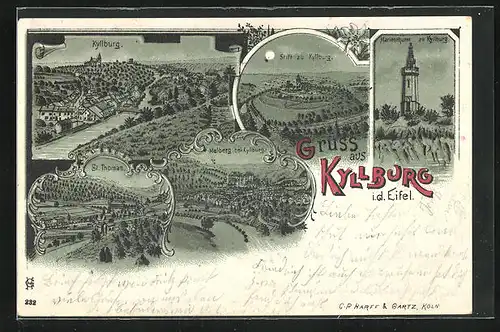 Mondschein-Lithographie Kyllburg /Eifel, Marienthurm, Stift, Malberg