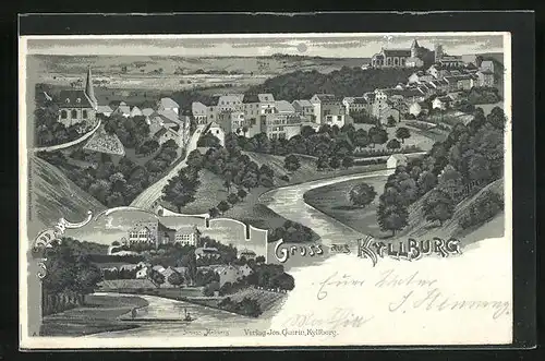 Mondschein-Lithographie Kyllburg, Schloss Malberg, Panorama der Stadt