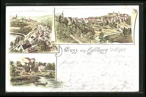 Lithographie Kyllburg /Eifel, Perspektiven der Stadt