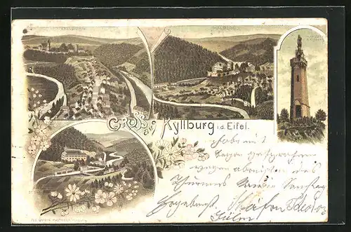 Lithographie Kyllburg /Eifel, Marienthurm, Malberg, St. Thomas