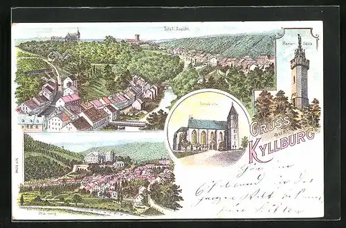 Lithographie Kyllburg, Stiftskiche, Mariensäule, Malberg