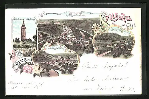 Lithographie Kyllburg /Eifel, Marienthurm, St. Thomas, Malberg