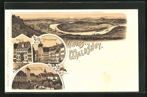 Lithographie Waldshut, Rathaus, Hauptstrasse, Eingang zur Stadt mit Brücke und Thor