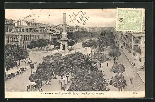 AK Lissabon, Praca dos Restauradores, Denkmal und Allee