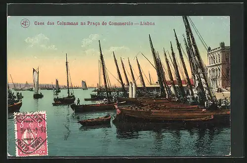 AK Lissabon, Caes das Columnas na Praca do Commercio, Segelschiffe im Hafen