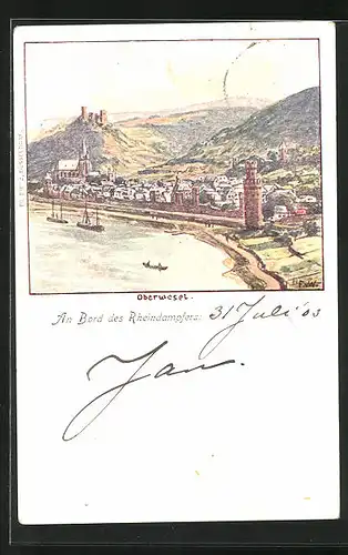 Künstler-AK sign. F. von Wille: Oberwesel, Totalansicht mit Burgberg