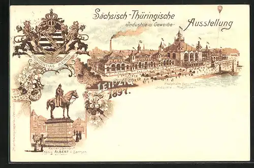 Lithographie Leipzig, Sächsisch-Thüringische Industrie- und. Gewerbe-Ausstellung 1897, Reiterstandbild König Albert