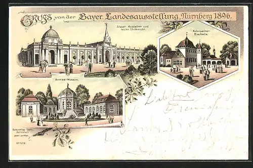 Lithographie Nürnberg, Bayer. Landesausstellung 1896, Kulmbacher-Bierhalle, Armee-Museum