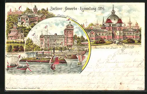 Lithographie Berlin, Berliner-Gewerbe-Ausstellung 1896, Pavillon der Stadt Berlin, Gartenbau-Ausstellung