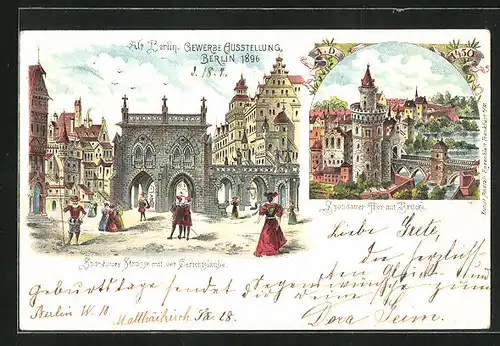 Lithographie Berlin, Gewerbe-Ausstellung 1896, Spandauer Thor mit Brücke, Spandauer Strasse mit der Gerichtslaube