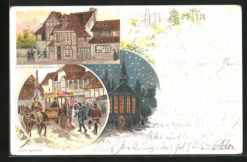 Lithographie Berlin, Gewerbe-Ausstellung 1896, Häuser der Spandauer-Strasse, Heilige Geistkirche