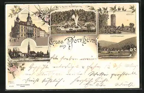 Lithographie Pforzheim, Kupferhammer, Rathaus, Partie im Stadtgarten