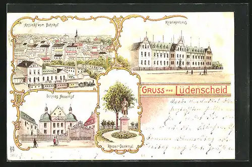 Lithographie Lüdenscheid, Ansicht vom Bahnhof, Krankenhaus, Schloss Neuenhof