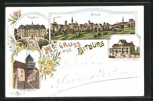 Lithographie Bitburg, Waisenhaus, Landwirtschaftliche Schule, Wasser-Reservoir