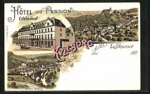 Lithographie Kyllburg, Hotel und Pension Eifelerhof, Schloss Malberg