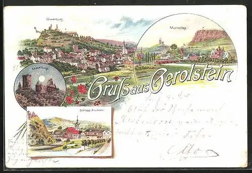 Lithographie Gerolstein, Casselburg, Löwenburg, Munterley