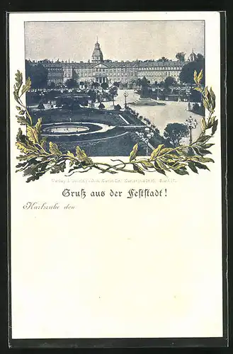 AK Karlsruhe, Schloss mit Denkmal und Grünanlagen