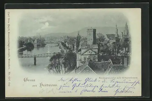 Mondschein-AK Heilbronn, Gesamtansicht mit Flusspartie und Brücke bei Nacht