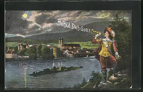 AK Säckingen am Rhein, Gesamtansicht mit Flusspartie bei Nacht, Behüt Dich Gott!