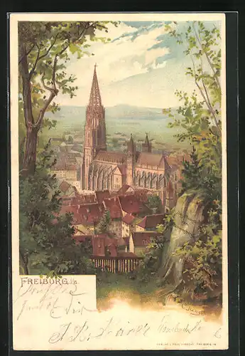 Lithographie Freiburg i. B., Das Münster vom Schlossberg