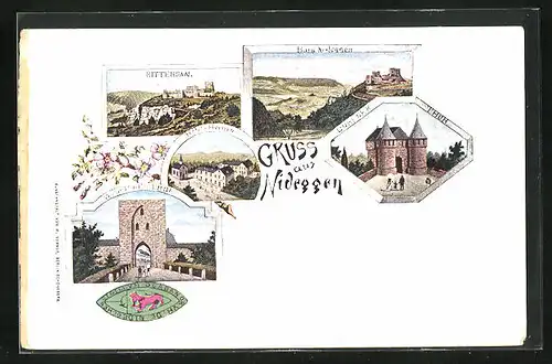 Lithographie Nideggen, Rittersaal, Burg Niedeggen, Zülpicher Thor und Durener Thor