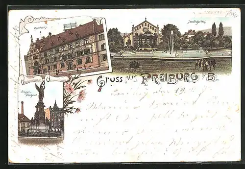 Lithographie Freiburg i. B., Rathaus, Siegesdenkmal und Stadtgarten